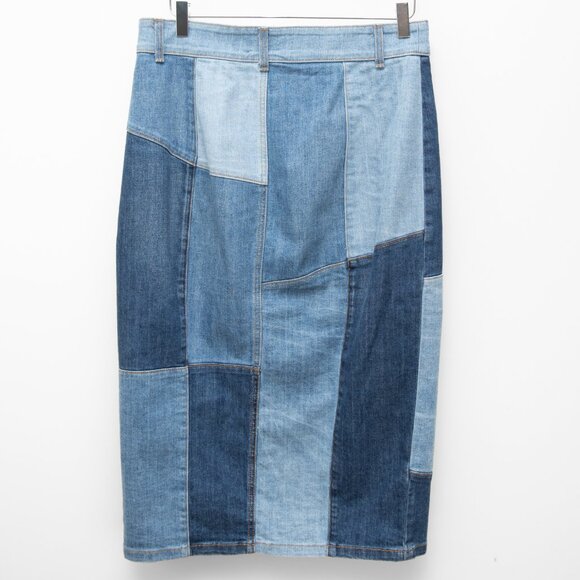 Ramy Brook Bellami Skirt Patchwork Denim Pencil Midi Pockets Blue Size 31 - Picture 2 of 7